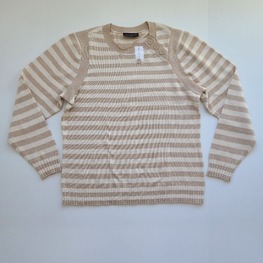 NWT Lane Bryant Striped Sweater 18/20 Beige White Crewneck Casual Buttons Summer
